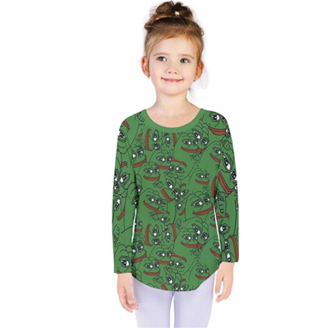 Pepe The Frog Perfect A-ok Handsign Pattern Praise Kek Kekistan Smug Smile Meme Green Background Kids  Long Sleeve Tee by snek