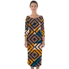 Abstrait Formes Marron/beige/bleu Quarter Sleeve Midi Bodycon Dress by kcreatif