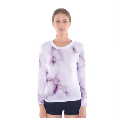 White Marble Violet Purple Veins Accents Texture Printed Floor Background Luxury Women s Long Sleeve Tee by genx