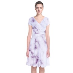 White Marble Violet Purple Veins Accents Texture Printed Floor Background Luxury Short Sleeve Front Wrap Dress by genx