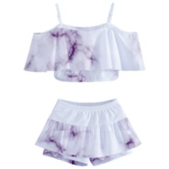 White Marble Violet Purple Veins Accents Texture Printed Floor Background Luxury Kids  Off Shoulder Skirt Bikini by genx