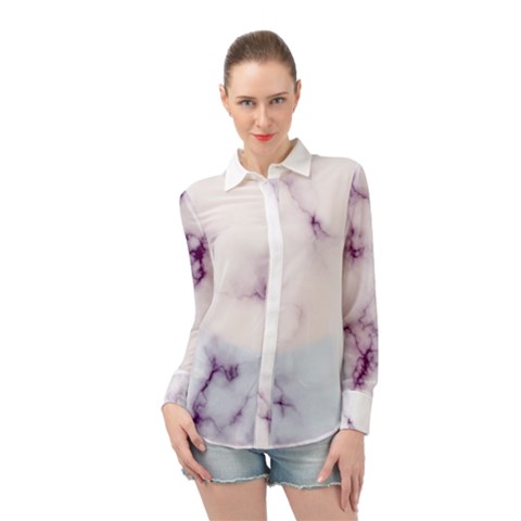 White Marble Violet Purple Veins Accents Texture Printed Floor Background Luxury Long Sleeve Chiffon Shirt by genx