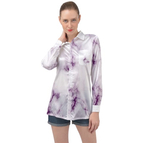 White Marble Violet Purple Veins Accents Texture Printed Floor Background Luxury Long Sleeve Satin Shirt by genx