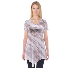 Marble With Metallic Rose Gold Intrusions On Gray White Stone Texture Pastel Pink Background Short Sleeve Tunic  by genx