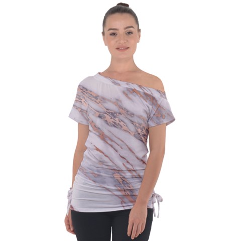 Marble With Metallic Rose Gold Intrusions On Gray White Stone Texture Pastel Pink Background Tie-up Tee by genx