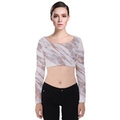 Marble With Metallic Rose Gold Intrusions On Gray White Stone Texture Pastel Pink Background Velvet Long Sleeve Crop Top by genx