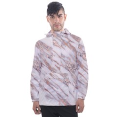 Marble With Metallic Rose Gold Intrusions On Gray White Stone Texture Pastel Pink Background Men s Front Pocket Pullover Windbreaker by genx