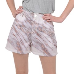 Marble With Metallic Rose Gold Intrusions On Gray White Stone Texture Pastel Pink Background Ripstop Shorts by genx