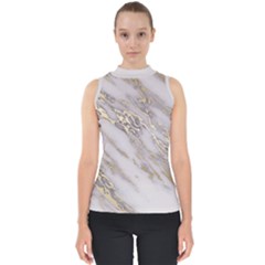 Marble With Metallic Gold Intrusions On Gray White Stone Texture Pastel Rose Pink Background Mock Neck Shell Top by genx