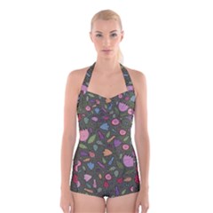 Floral pattern Boyleg Halter Swimsuit 