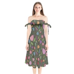 Floral pattern Shoulder Tie Bardot Midi Dress