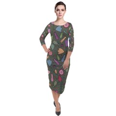 Floral pattern Quarter Sleeve Midi Velour Bodycon Dress