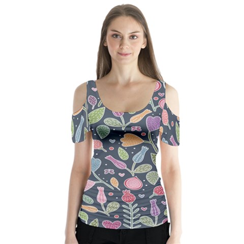 Floral Pattern Butterfly Sleeve Cutout Tee  by Valentinaart