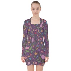 Floral Pattern V-neck Bodycon Long Sleeve Dress by Valentinaart