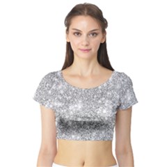 Silver And White Glitters Metallic Finish Party Texture Background Imitation Short Sleeve Crop Top by genx