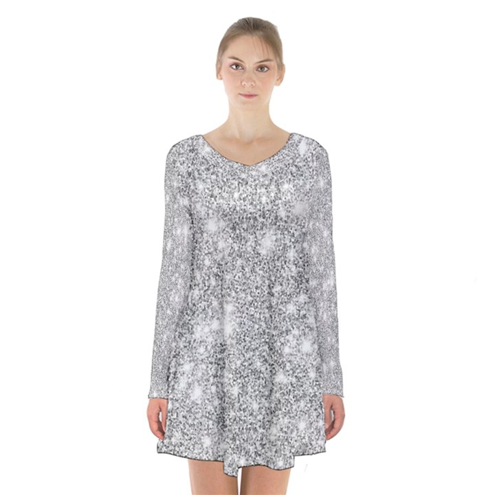 Silver and white Glitters metallic finish party texture background imitation Long Sleeve Velvet V-neck Dress
