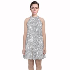 Silver And White Glitters Metallic Finish Party Texture Background Imitation Velvet Halter Neckline Dress  by genx