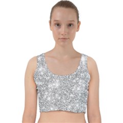 Silver And White Glitters Metallic Finish Party Texture Background Imitation Velvet Racer Back Crop Top by genx