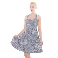 Silver And White Glitters Metallic Finish Party Texture Background Imitation Halter Party Swing Dress  by genx