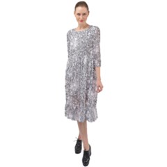 Silver And White Glitters Metallic Finish Party Texture Background Imitation Ruffle End Midi Chiffon Dress by genx