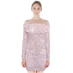 Rose Gold Pink Glitters Metallic Finish Party Texture Imitation Pattern Long Sleeve Off Shoulder Dress by genx