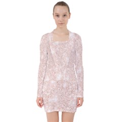 Rose Gold Pink Glitters Metallic Finish Party Texture Imitation Pattern V-neck Bodycon Long Sleeve Dress by genx