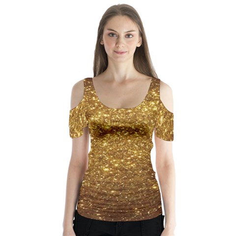 Gold Glitters Metallic Finish Party Texture Background Faux Shine Pattern Butterfly Sleeve Cutout Tee  by genx