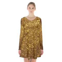 Gold Glitters Metallic Finish Party Texture Background Faux Shine Pattern Long Sleeve Velvet V-neck Dress by genx