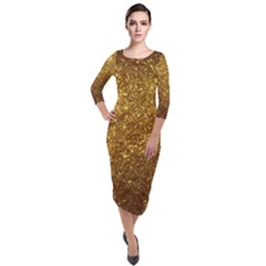 Gold Glitters Metallic Finish Party Texture Background Faux Shine Pattern Quarter Sleeve Midi Velour Bodycon Dress by genx