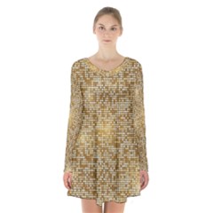 Retro Gold Glitters Golden Disco Ball Optical Illusion Long Sleeve Velvet V-neck Dress by genx