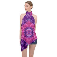 Flowers And Purple Suprise To Love And Enjoy Halter Asymmetric Satin Top