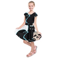 Black Cat & Halloween Skull Kids  Short Sleeve Dress by gothicandhalloweenstore
