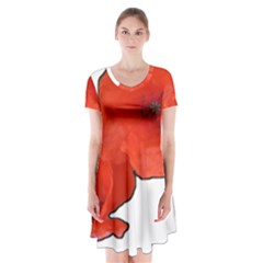 Coquelicots Fleurs Short Sleeve V-neck Flare Dress