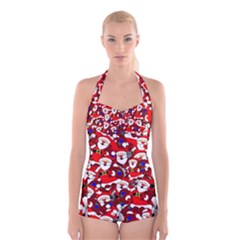 Nicholas Santa Christmas Pattern Boyleg Halter Swimsuit 