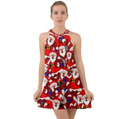 Nicholas Santa Christmas Pattern Halter Tie Back Chiffon Dress