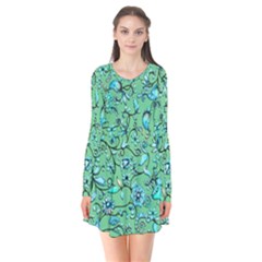 Green Flowers Long Sleeve V-neck Flare Dress