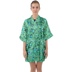 Green Flowers Half Sleeve Satin Kimono 