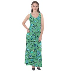 Green Flowers Sleeveless Velour Maxi Dress