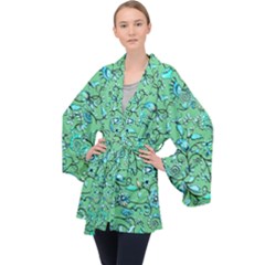 Green Flowers Long Sleeve Velvet Kimono 