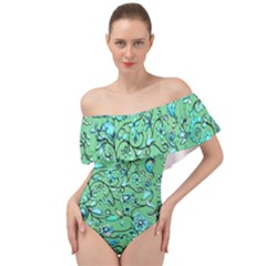 Green Flowers Off Shoulder Velour Bodysuit  by ZeeBee