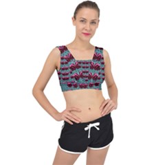 Forest Roses On Decorative Wood V-back Sports Bra by pepitasart