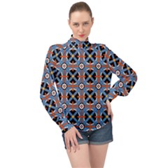 Pattern Weave Background Blue Red Black High Neck Long Sleeve Chiffon Top by Vaneshart