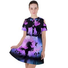 Wonderful Unicorn With Fairy In The Night Short Sleeve Shoulder Cut Out Dress  by FantasyWorld7