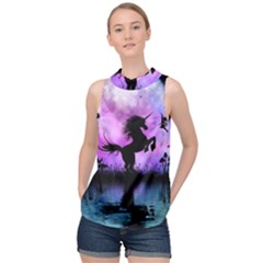 Wonderful Unicorn With Fairy In The Night High Neck Satin Top by FantasyWorld7