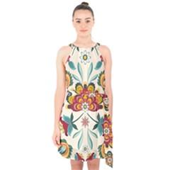 Baatik Print  Halter Collar Waist Tie Chiffon Dress by designsbymallika