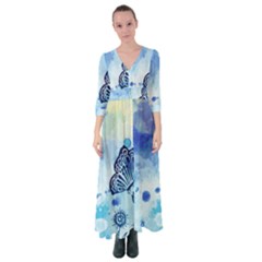 Blue Shaded Design Button Up Maxi Dress