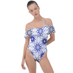 Pearl Pattern Floral Design Art Digital Seamless Blue Black Frill Detail One Piece Swimsuit by Vaneshart