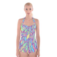 Feathers Pattern Boyleg Halter Swimsuit 