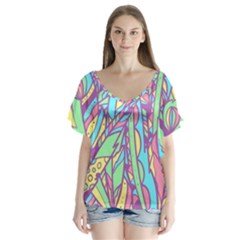 Feathers Pattern V-neck Flutter Sleeve Top