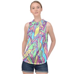 Feathers Pattern High Neck Satin Top